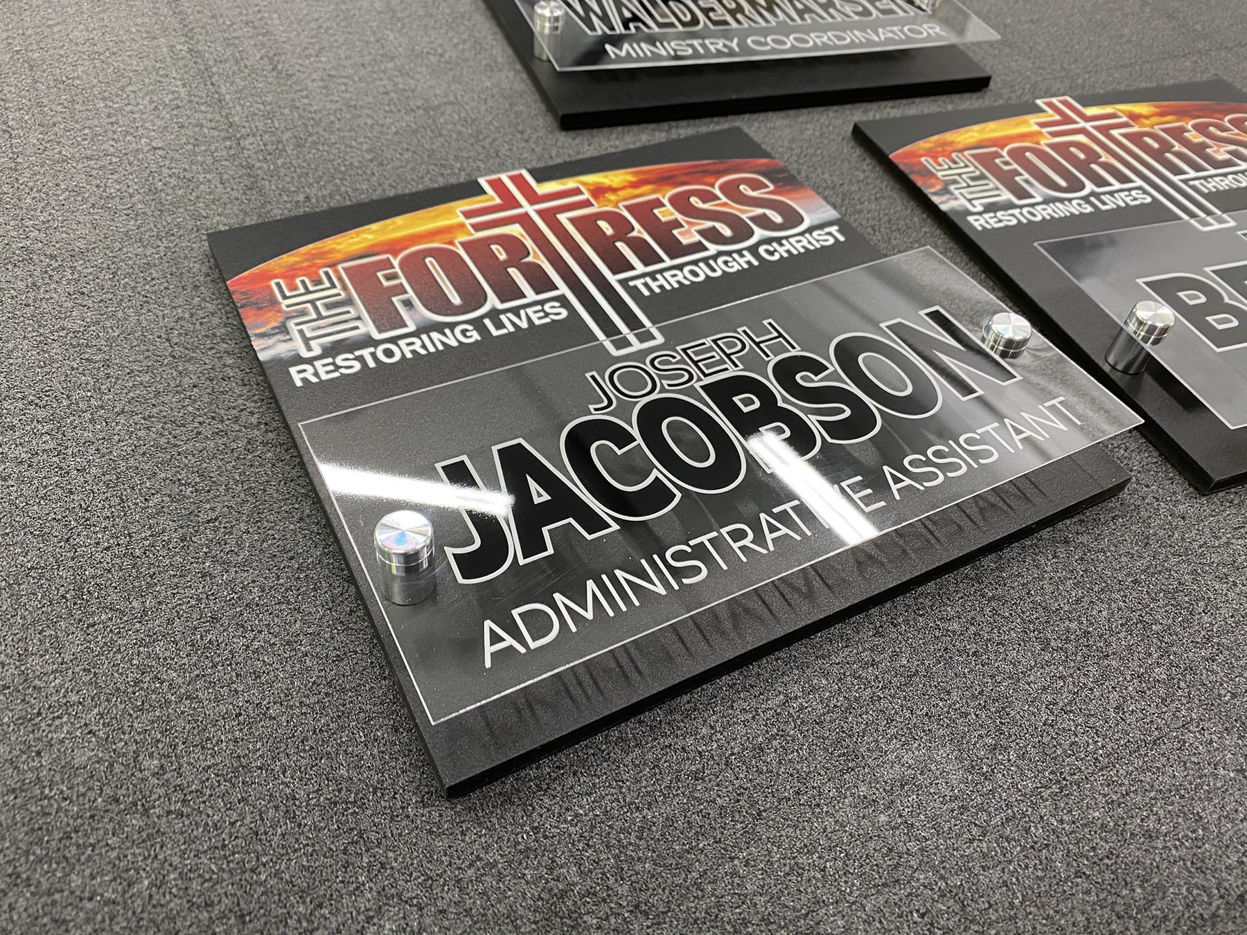 Layered acrylic ministry plaque with standoff hardware produced by Pro Color